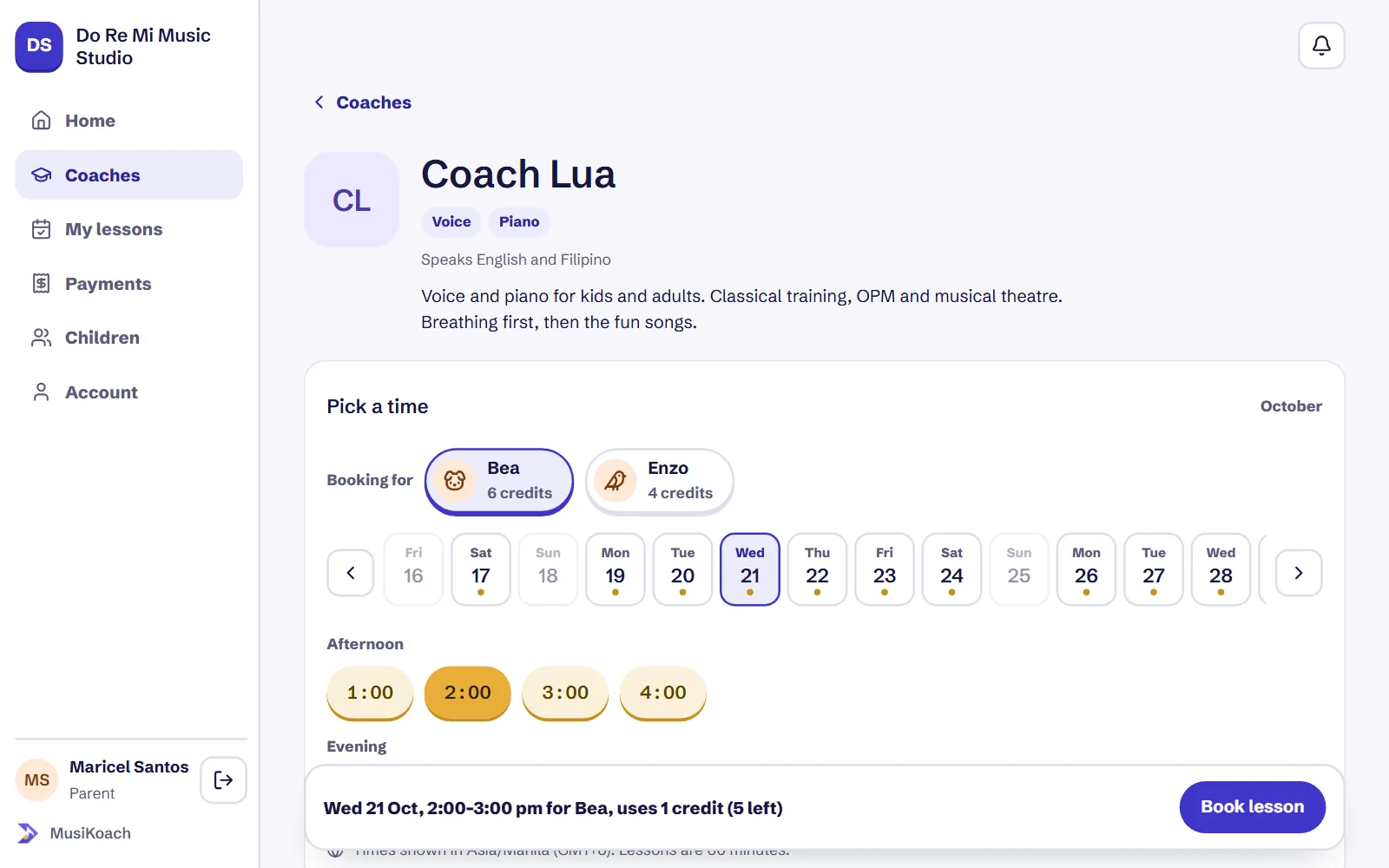 A student picking an open lesson time on their coach's page.