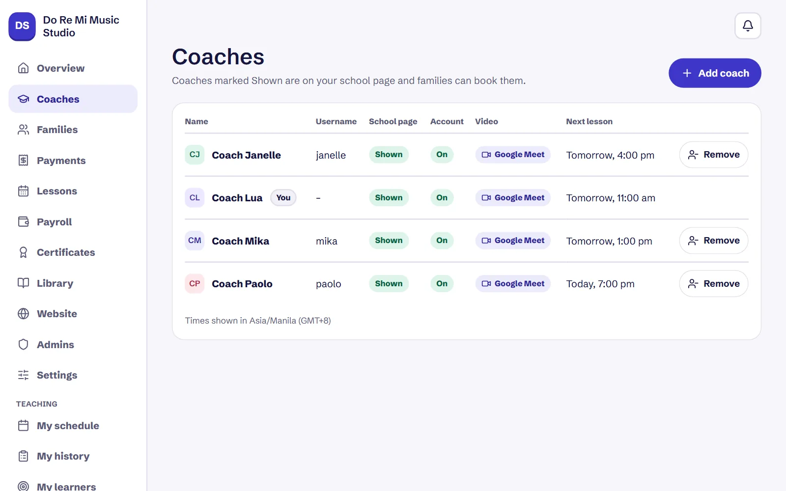 A music school's coaches, each with their own schedule.