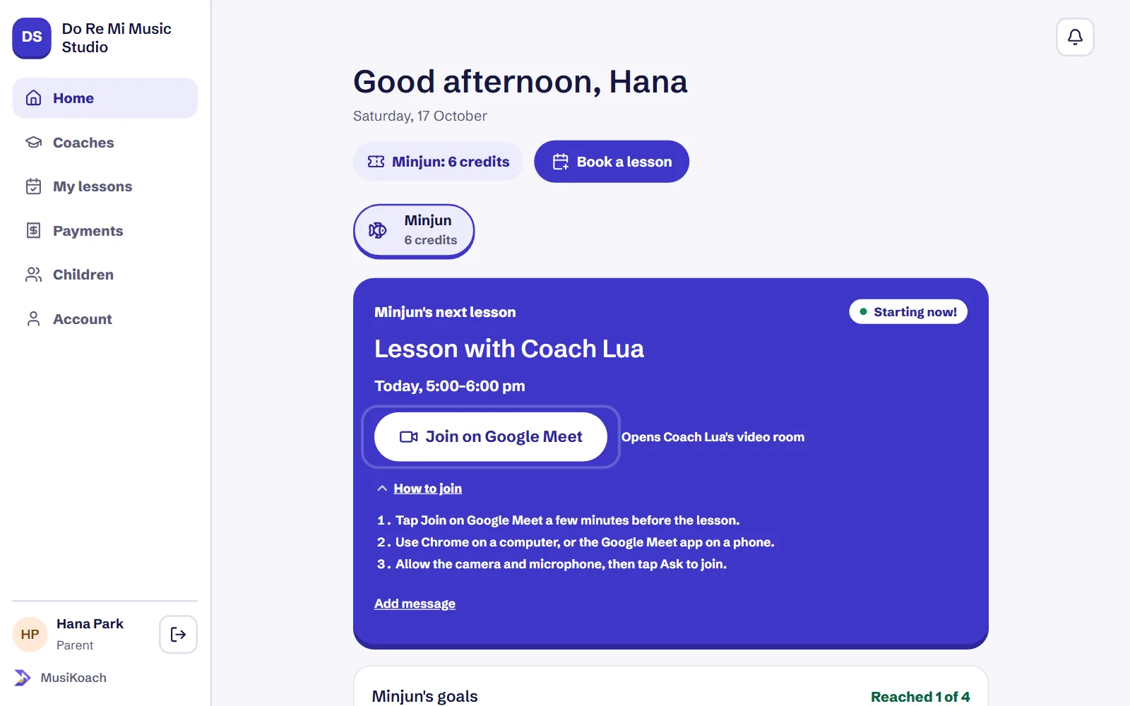A parent in Seoul about to join an online lesson on Google Meet, in her own time zone.