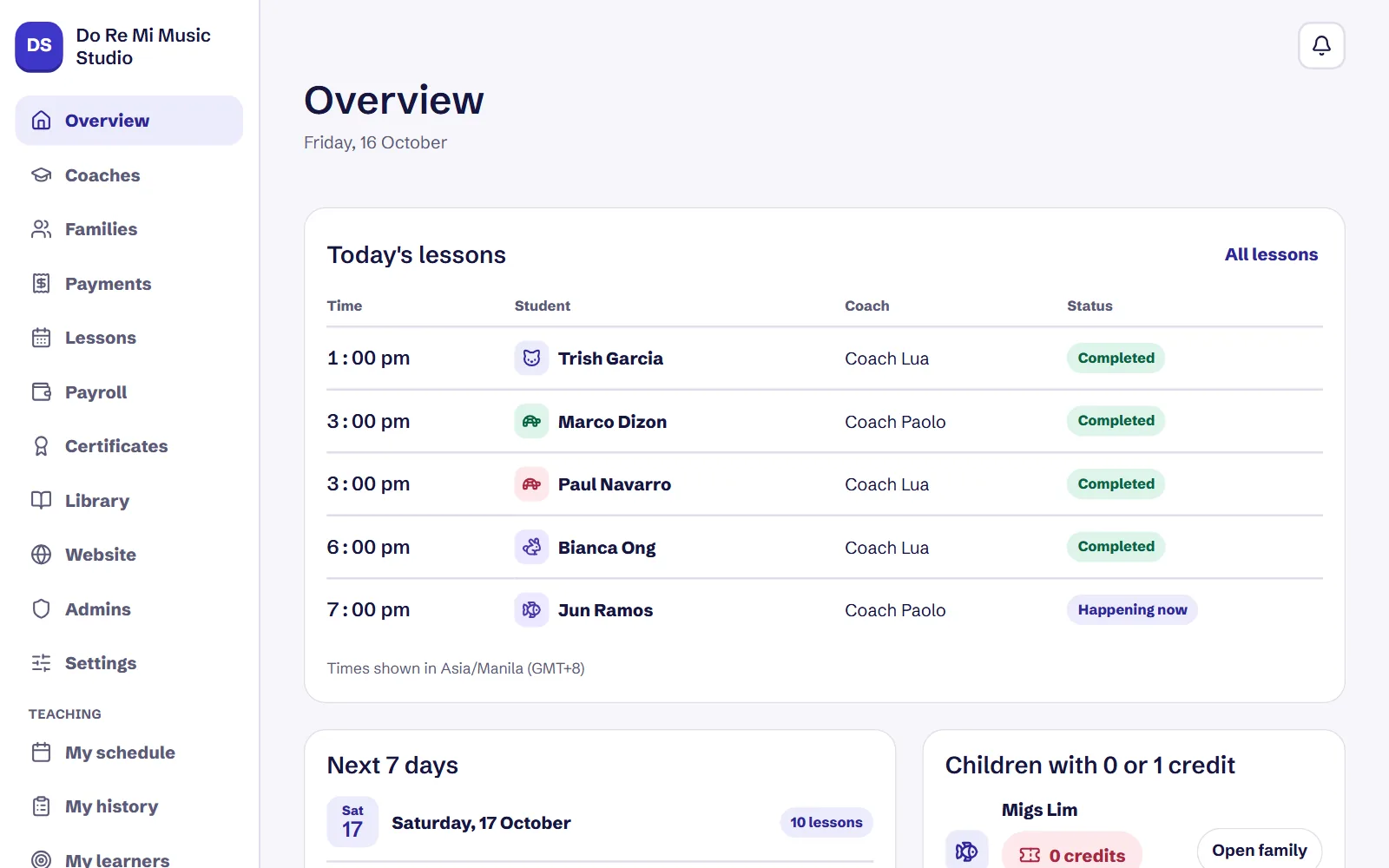 The MusiKoach admin overview: today's lessons, the week ahead and students running low on lessons.