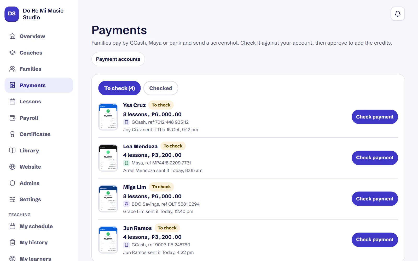 Payments from families waiting for review, with their proof.