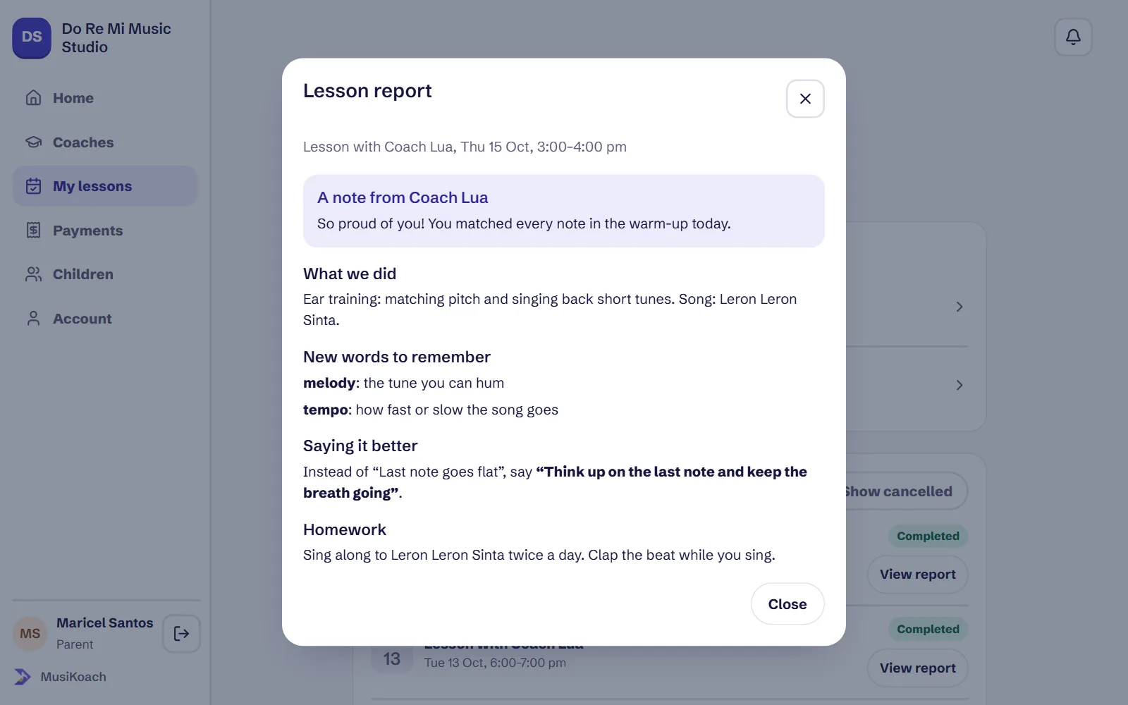 A lesson report: what was covered, new words, and practice for the week.
