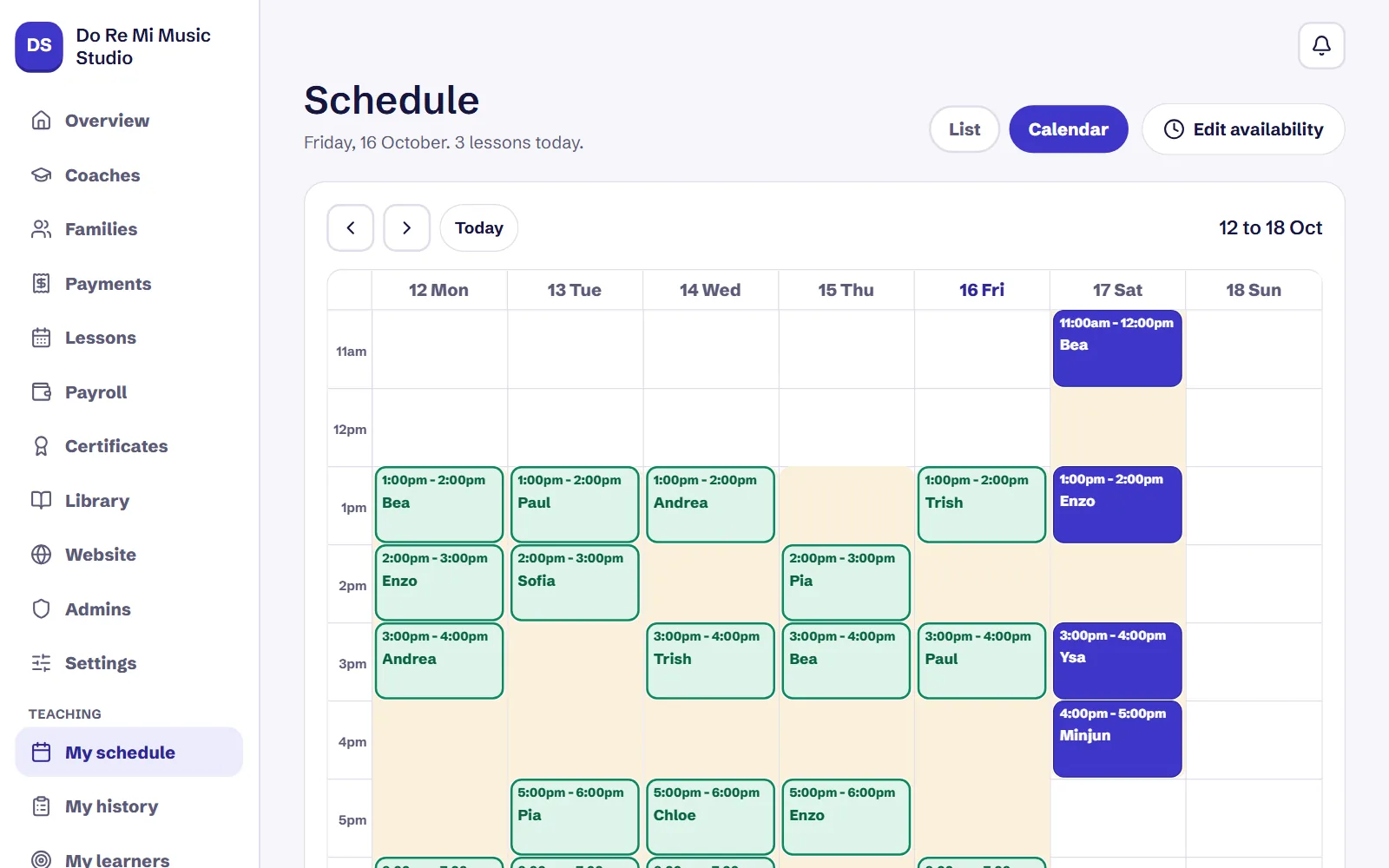 A coach's week in MusiKoach: every lesson on a calendar, Monday to Saturday.