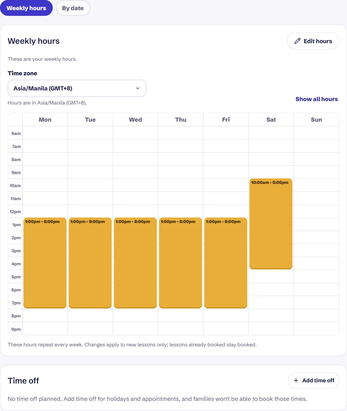A coach's weekly hours: afternoons Monday to Friday, Saturday morning to afternoon.
