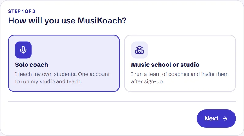 The sign-up asking "How will you use MusiKoach?", with Solo coach picked.